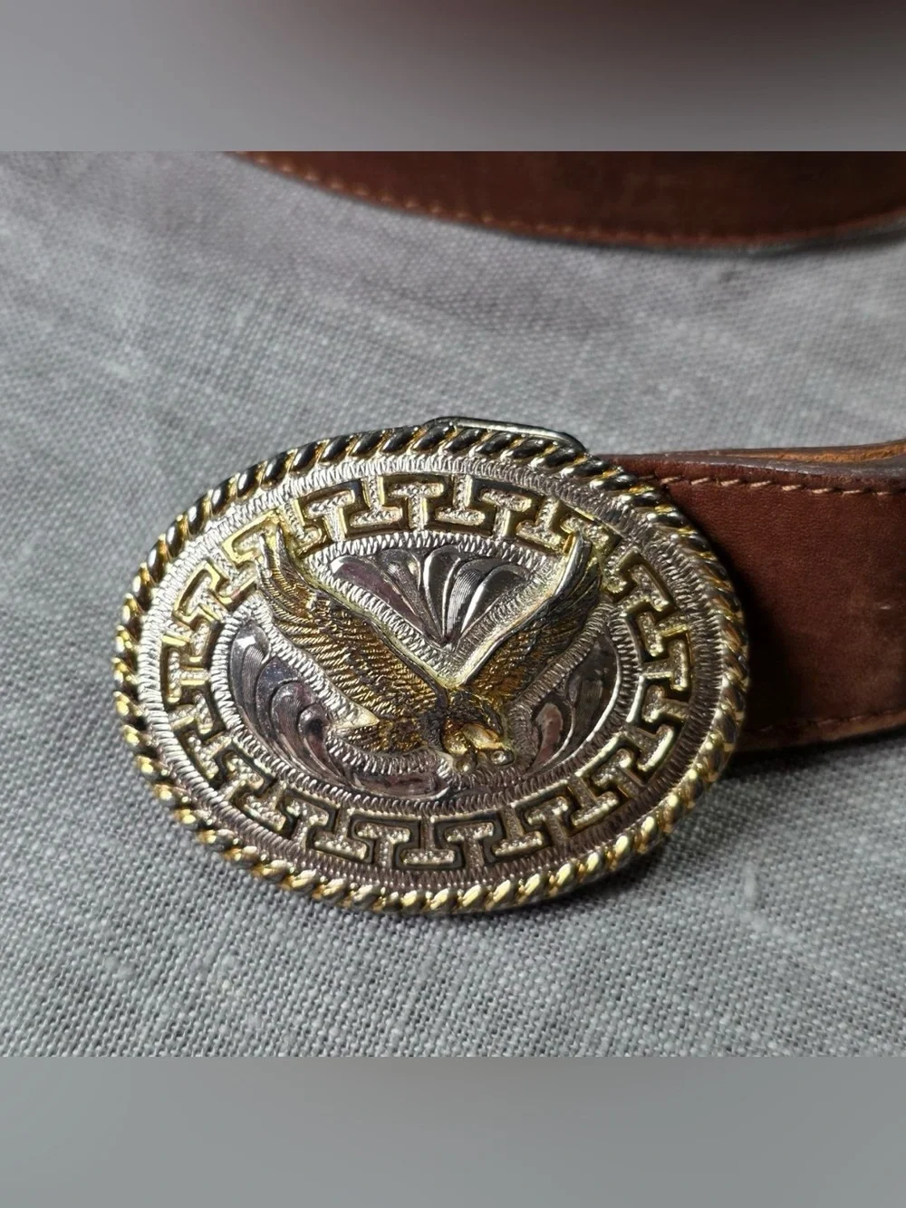 J.Crew Brown Leather Belt Size 32 with Silver Strike Eagle Buckle